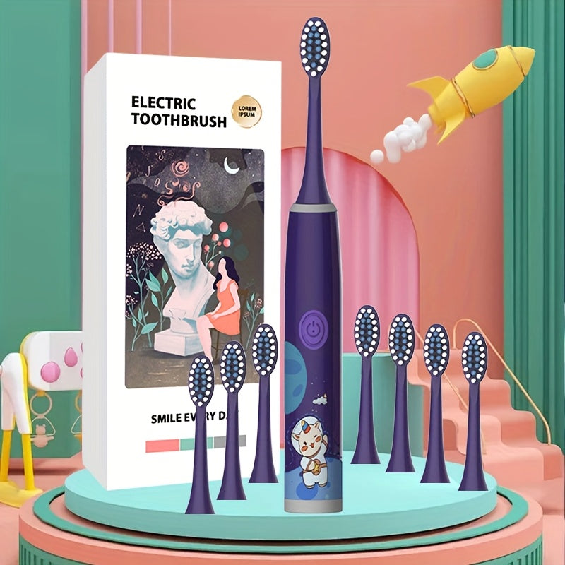 Bolalar uchun elektr tish cho'tkasi yumshoq cho'tka sochlari batareya uslubi kosmik dizayni 4-8 ta cho'tka boshlarini o'z ichiga oladi