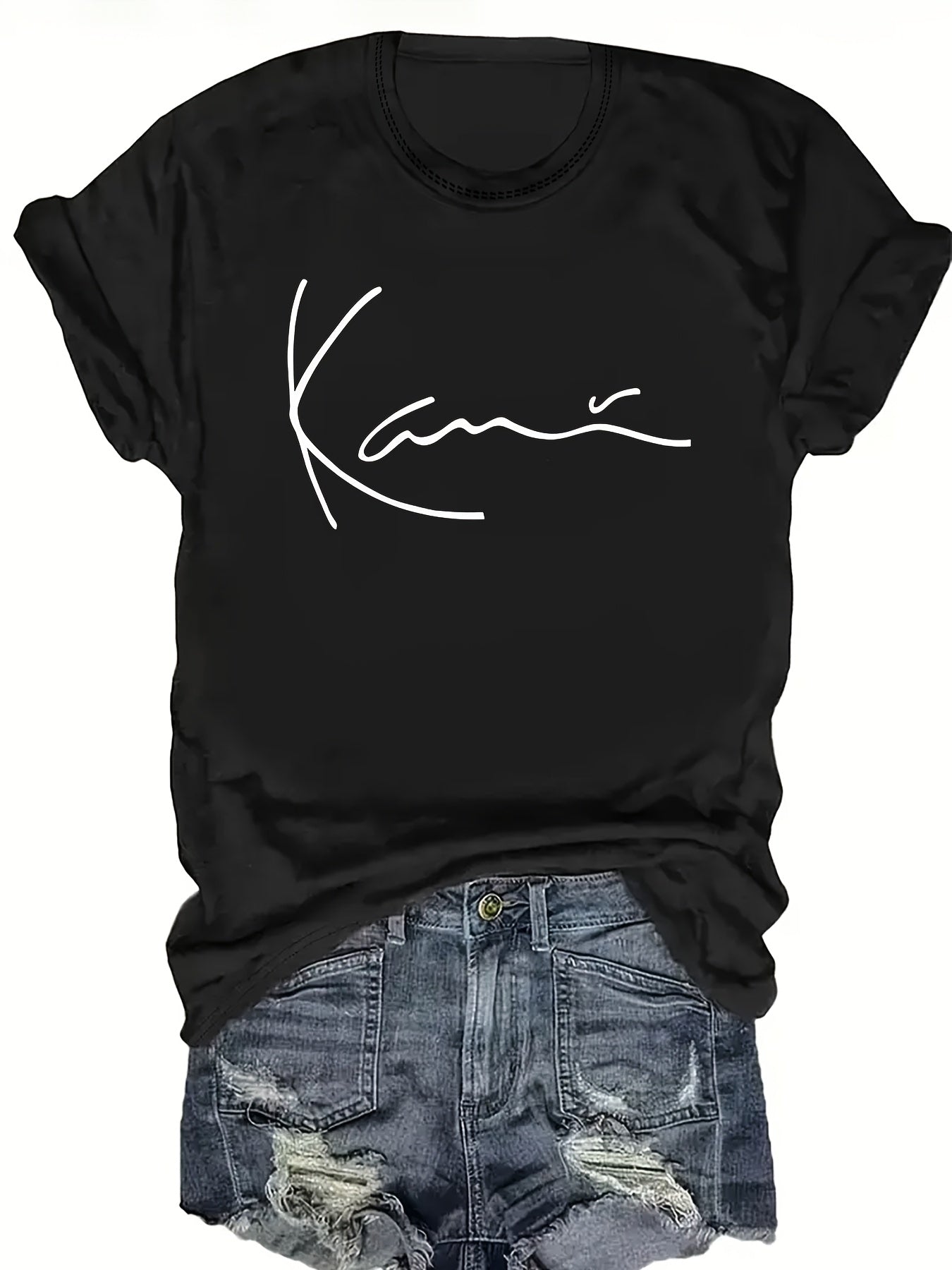 Women's Short Sleeve T-Shirt Cursive Letter Print Black Breathable Soft