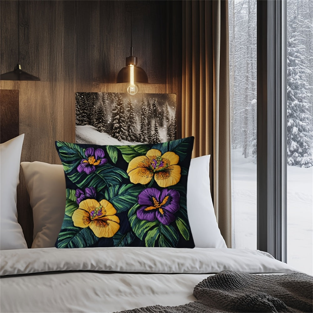 Square Pillow Cover with Tropical Floral Embroidery Polyester Zipper Closure for Home or Office Decor