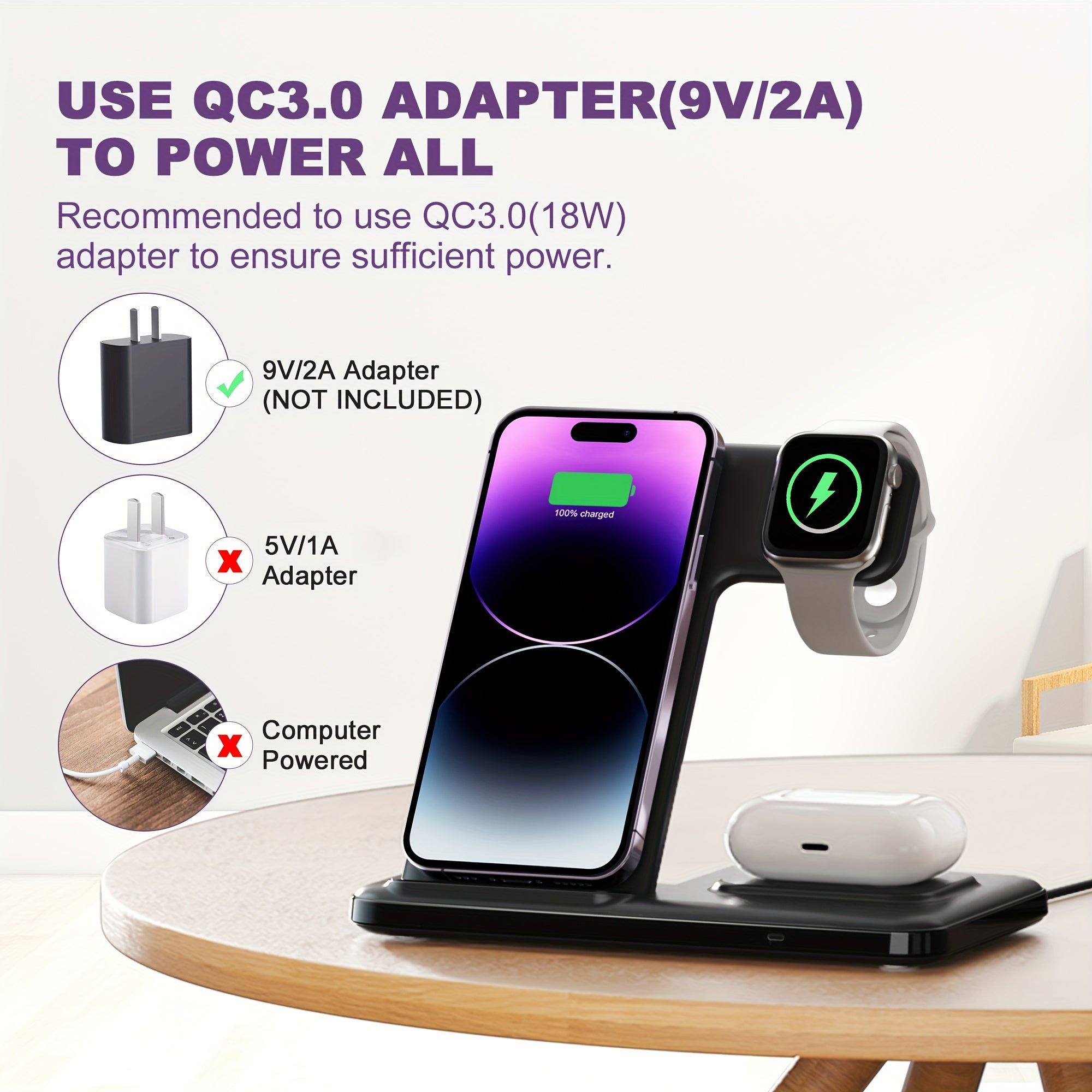 3 in 1 Folding Wireless Charging Station for iPhone iWatch AirPods Fast Charging USB Type-C