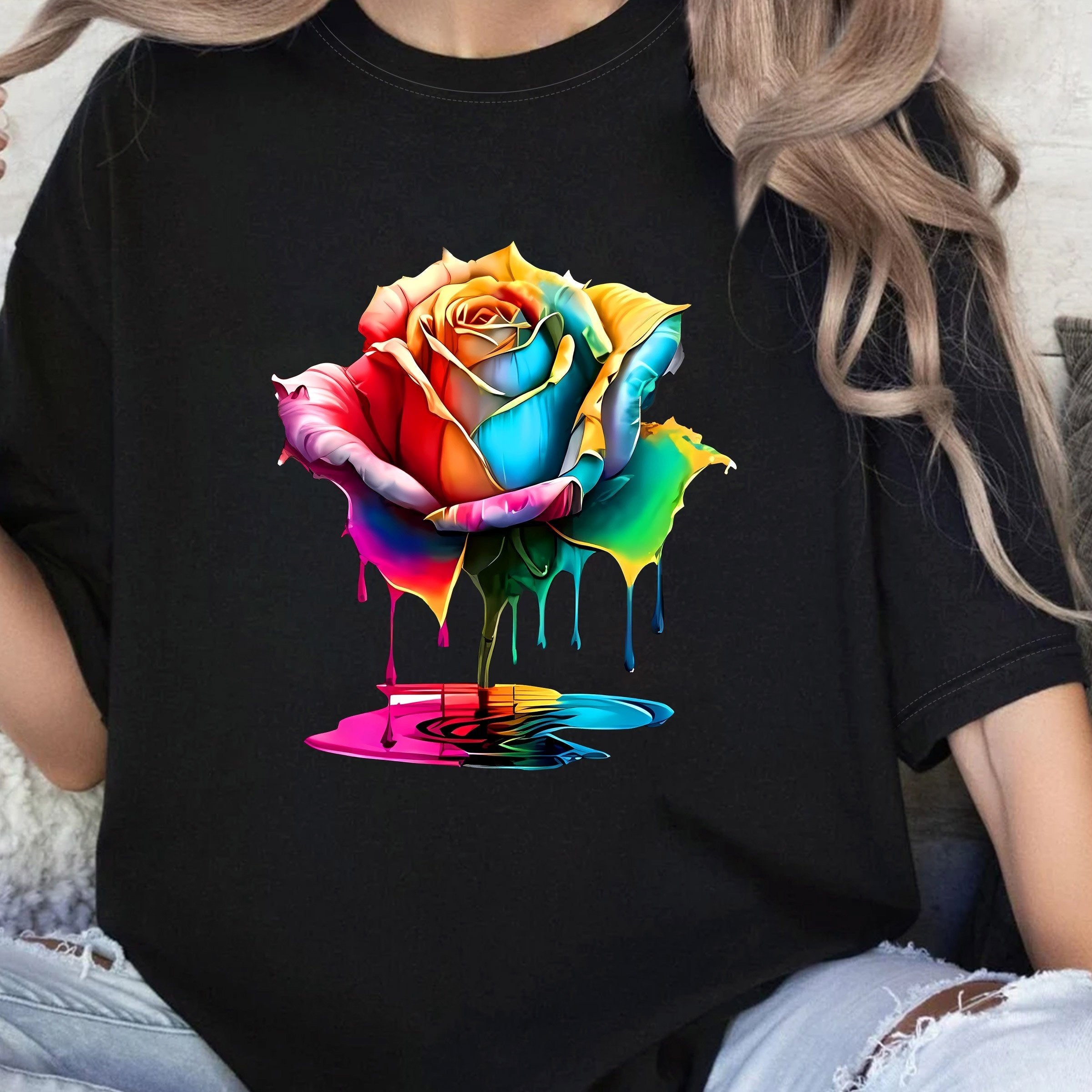 Plus Size Women’s Rainbow Rose Print Casual Sporty T-Shirt Oversized Short Sleeve