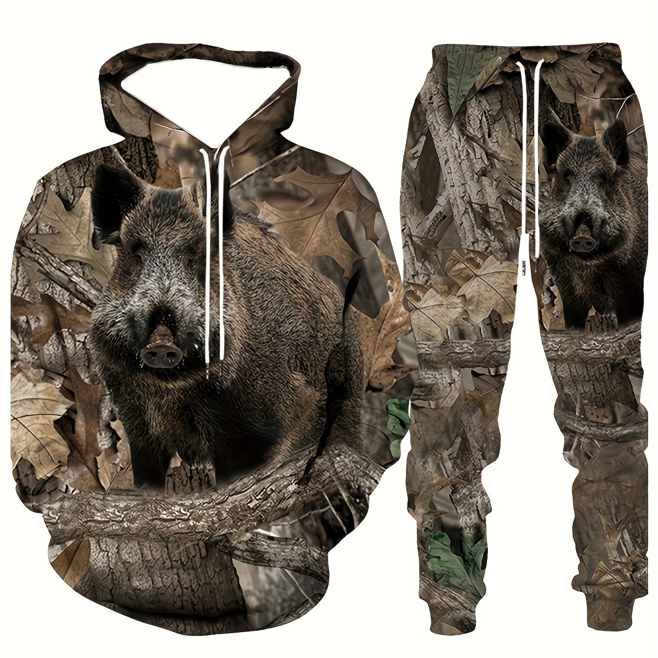 Men's Plus Size 3D Wolf Print Hooded Sweatshirt and Sweatpants Set for Autumn Winter