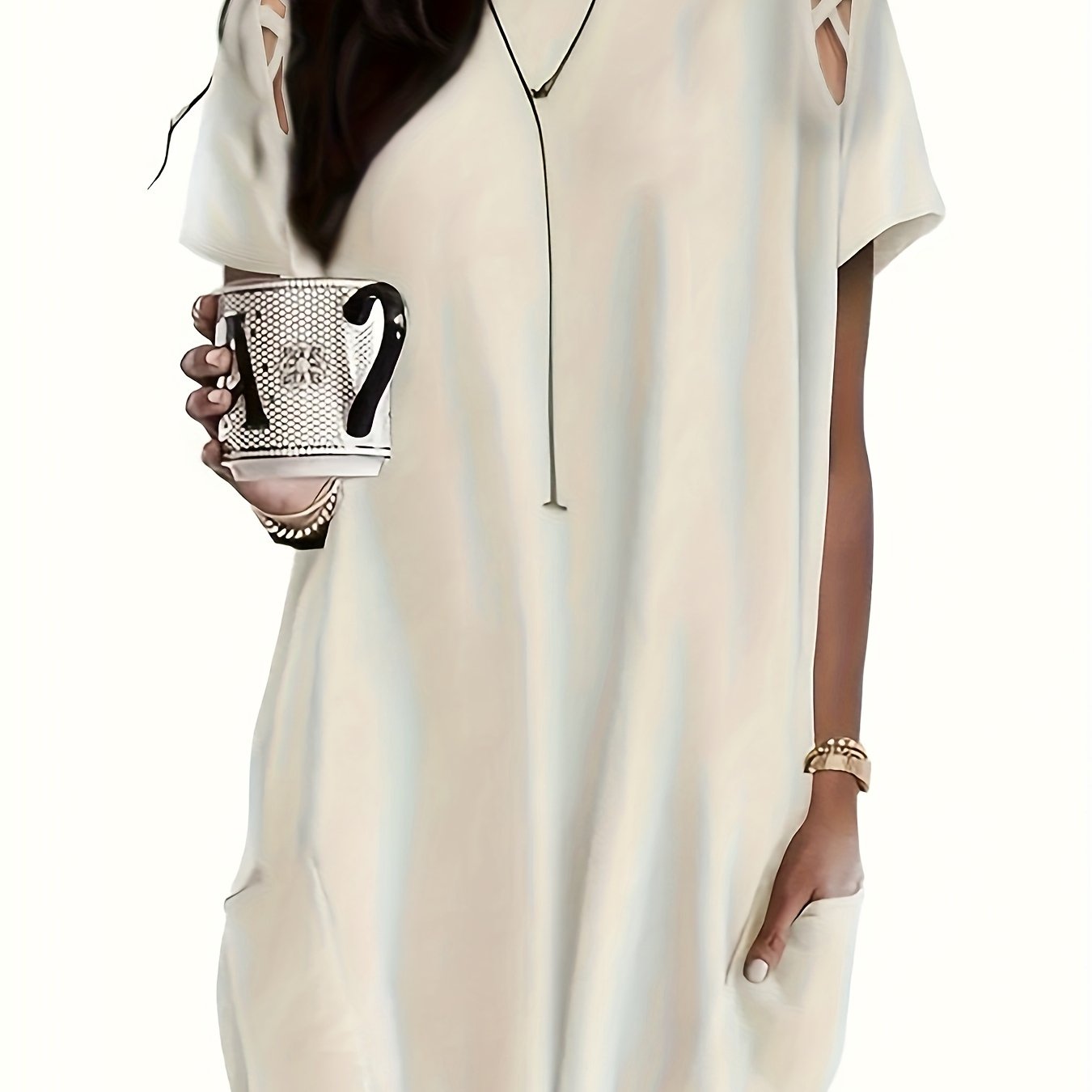 Blusa túnica negra de manga batwing para mujer con detalle de correa cruzada