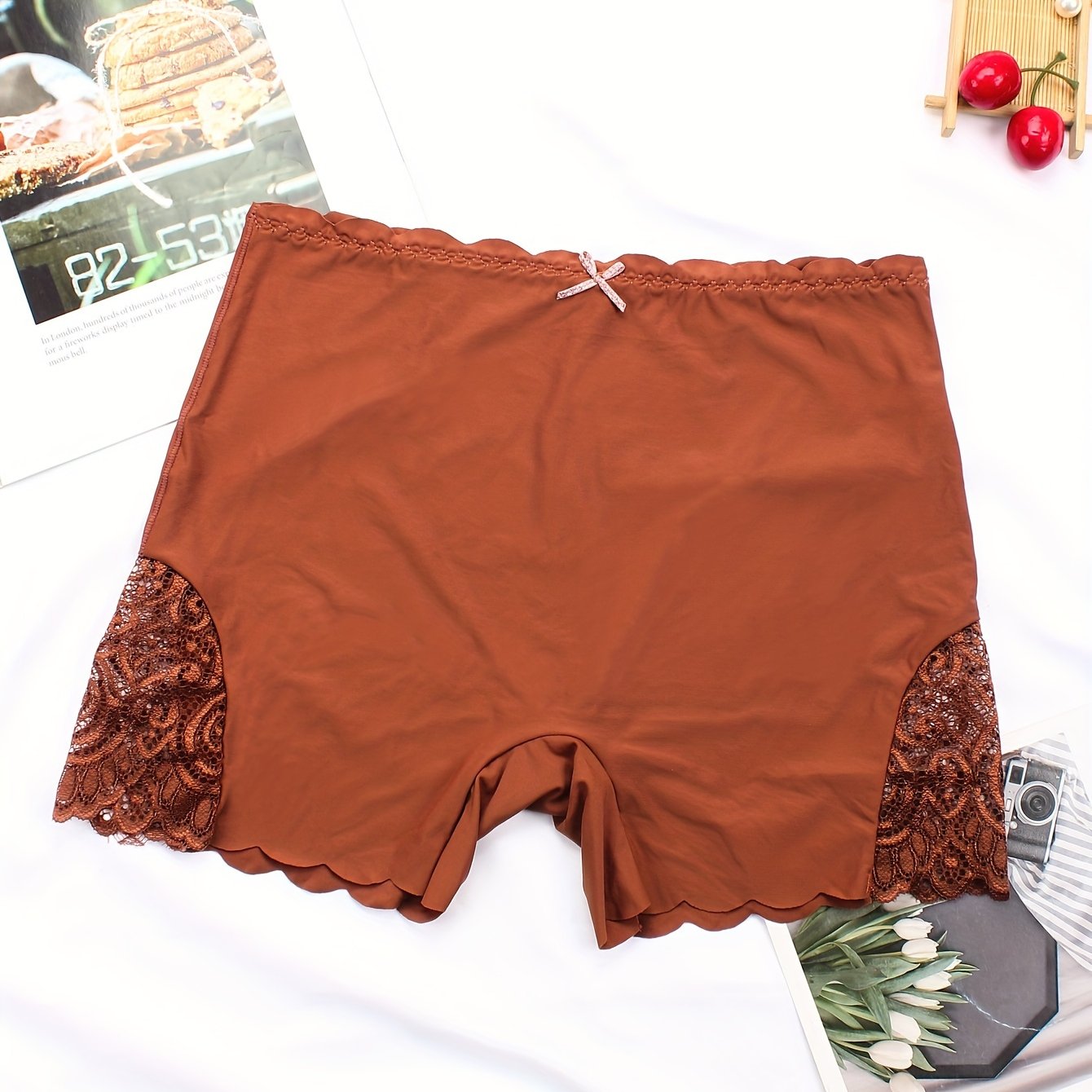 Black Nylon Blend Boyshort Panties for Women with Lace Detail Mid-Rise Non-See-Through