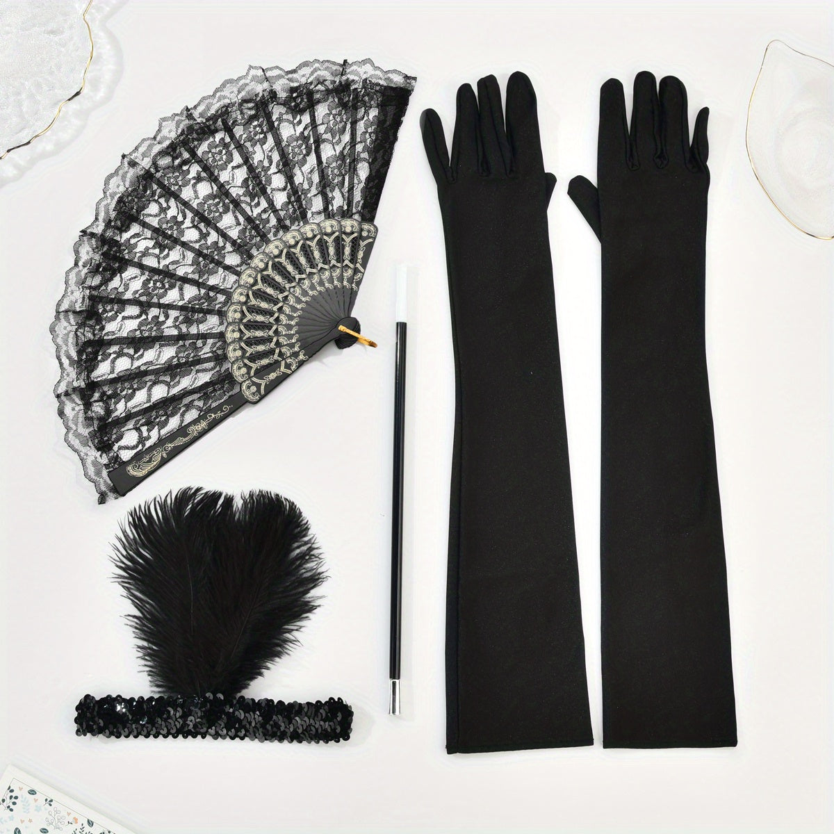 1920s Women's Masquerade Party Accessories Gloves Feather Hair Clips Smoke Tube Fans Dress Embellishments