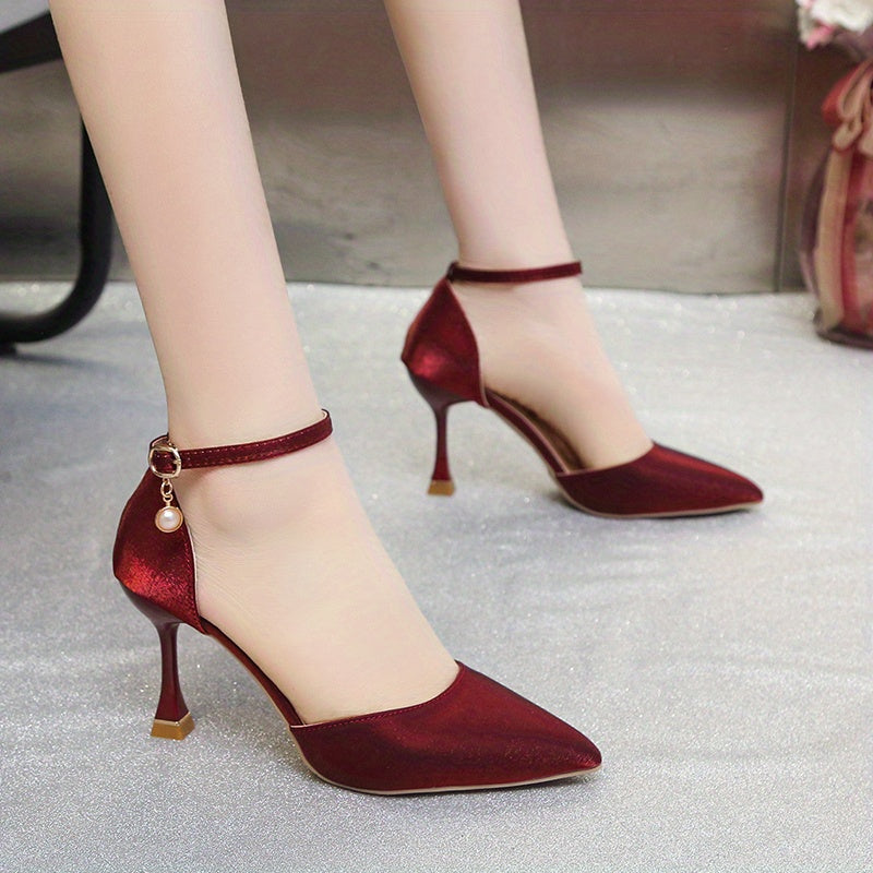 Women's Satin Pointed Toe High Heels with Ankle Strap for Evening and Wedding