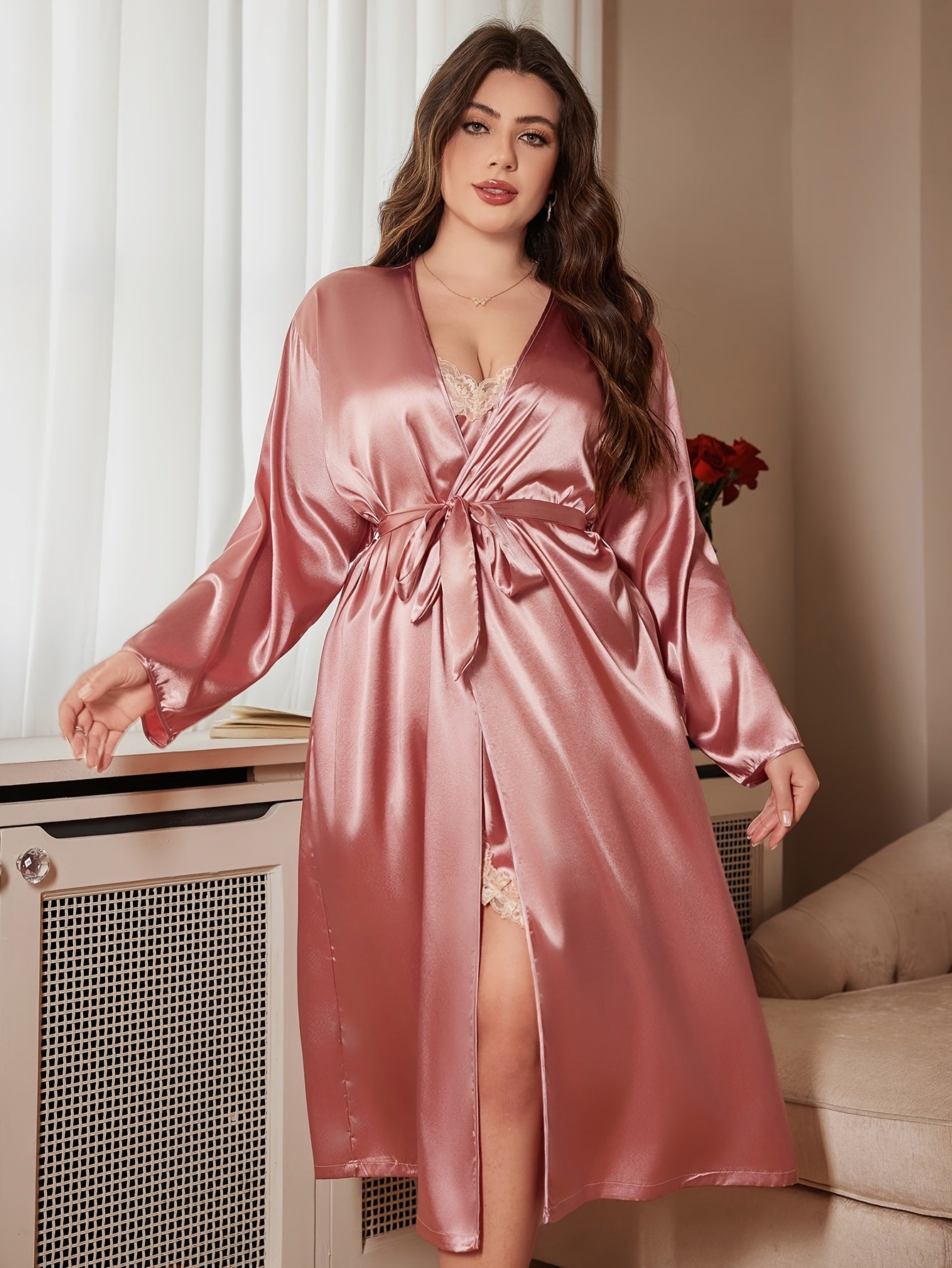 Women's Nightgown Set, Lace, Large Size, Soft Sleepwear for Valentine's Day