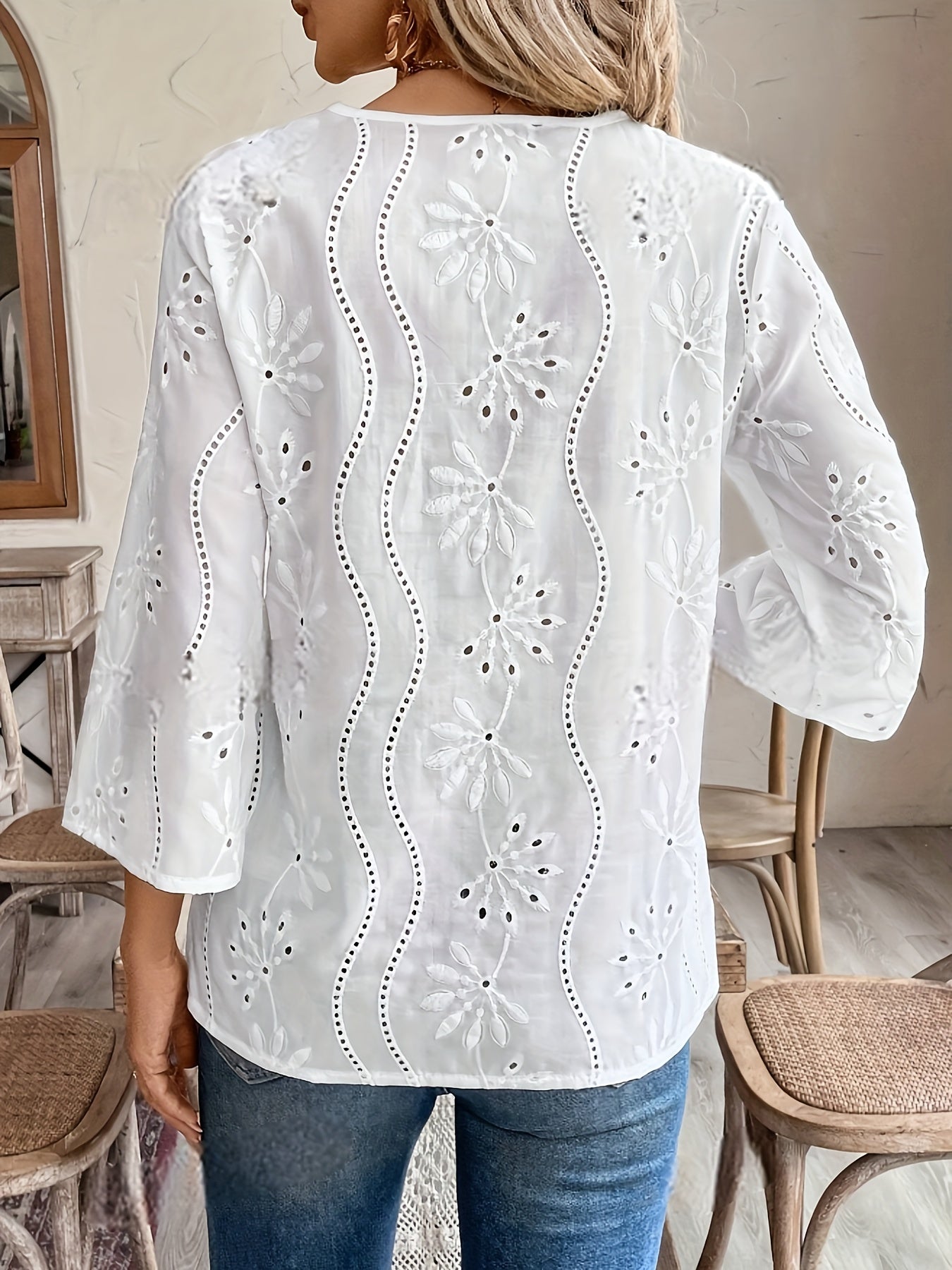 Blusa de color sólido para mujer con cuello en V y volantes, mangas 3/4 para primavera y otoño