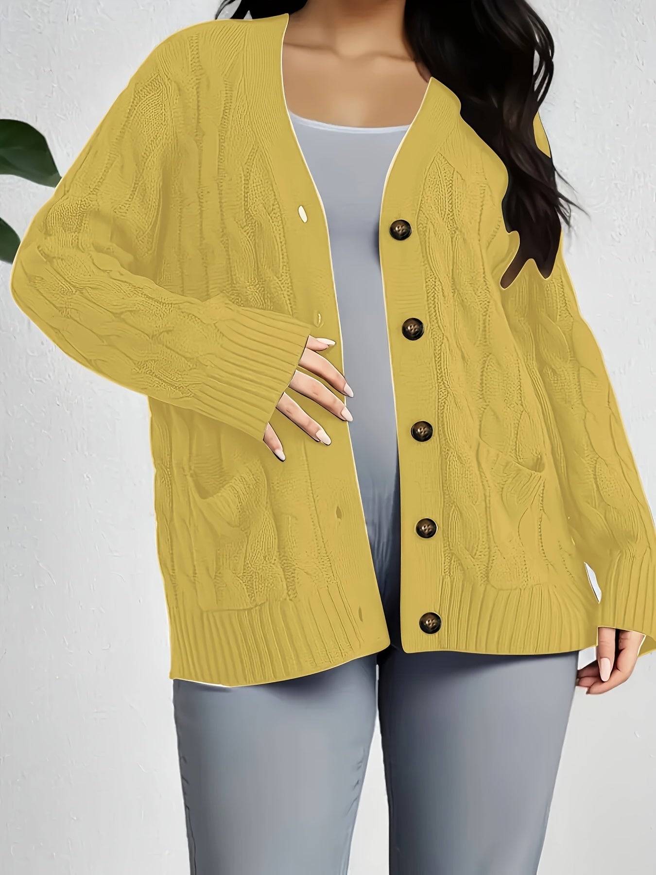 Plus Size Women's Solid Color Cable Knit Open Front Long Sleeve Cardigan