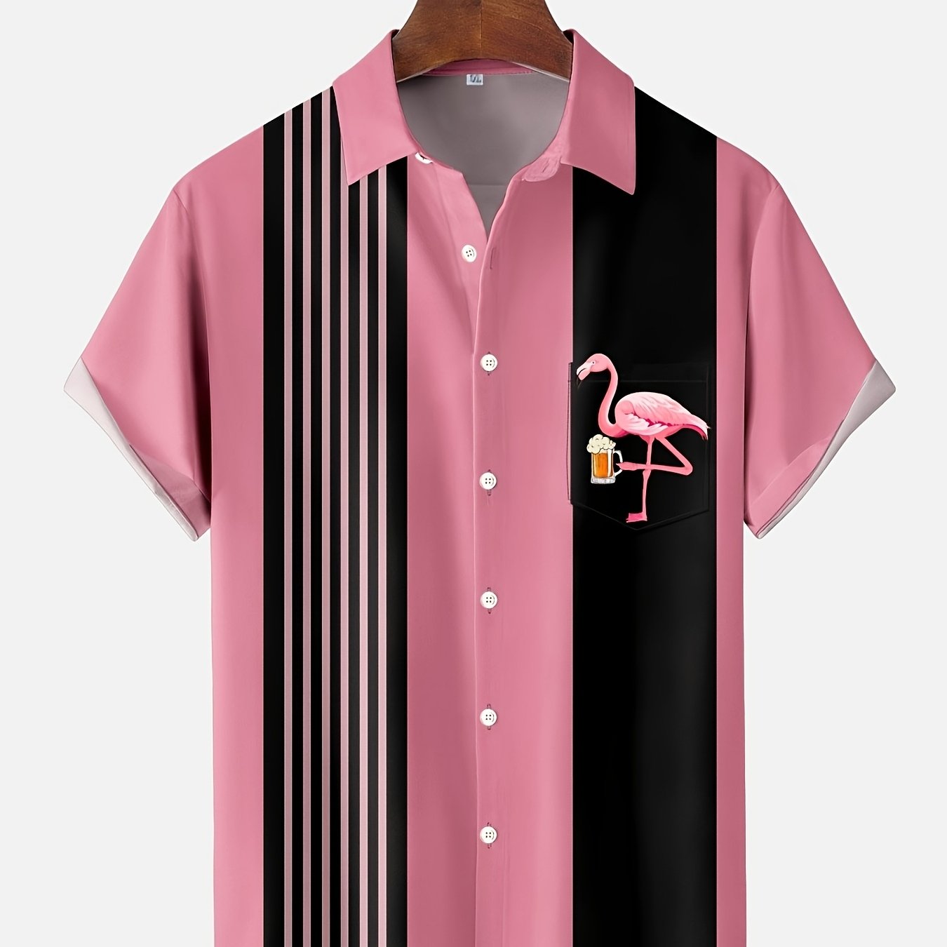 Men's Large Hawaiian Aloha Shirt with Stripes Flamingo and Beer Print Short Sleeve Buttoned Pocket