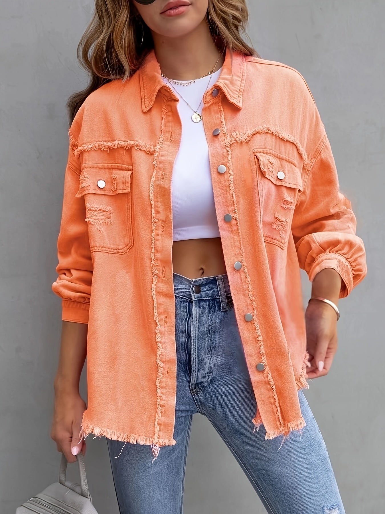 Women's Plus Size Orange Distressed Denim Jacket with Fringe Street Style