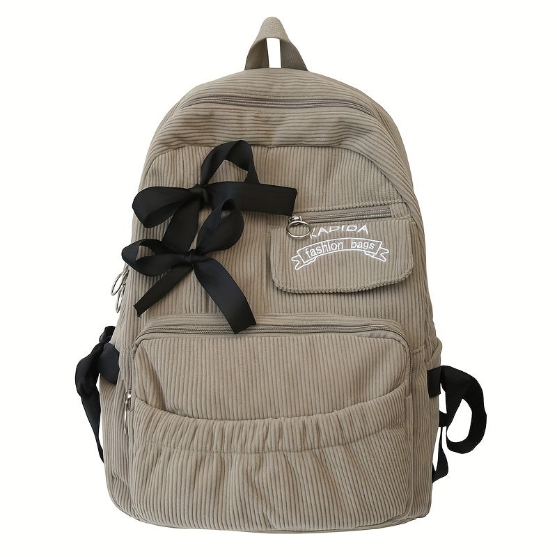 Ayollar uchun 1 dona korduroy bowknot ruksak, shirin uslub, chiziqli dizayn, sozlanadigan yelka tasmalari, noutbuk bo'limi, zip yopilishi, polyester astar, qo'l yuvish/quruq tozalash - Kundalik tasodifiy