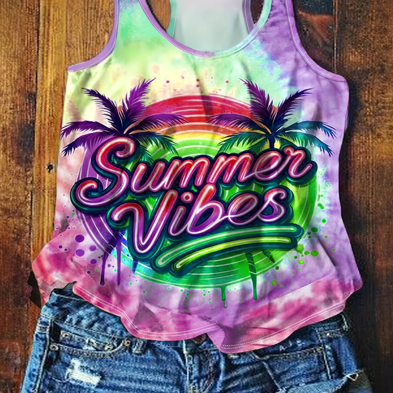 Top de tirantes gráfico de verano para mujer talla grande, casual, con efecto tie-dye, para playa y vacaciones