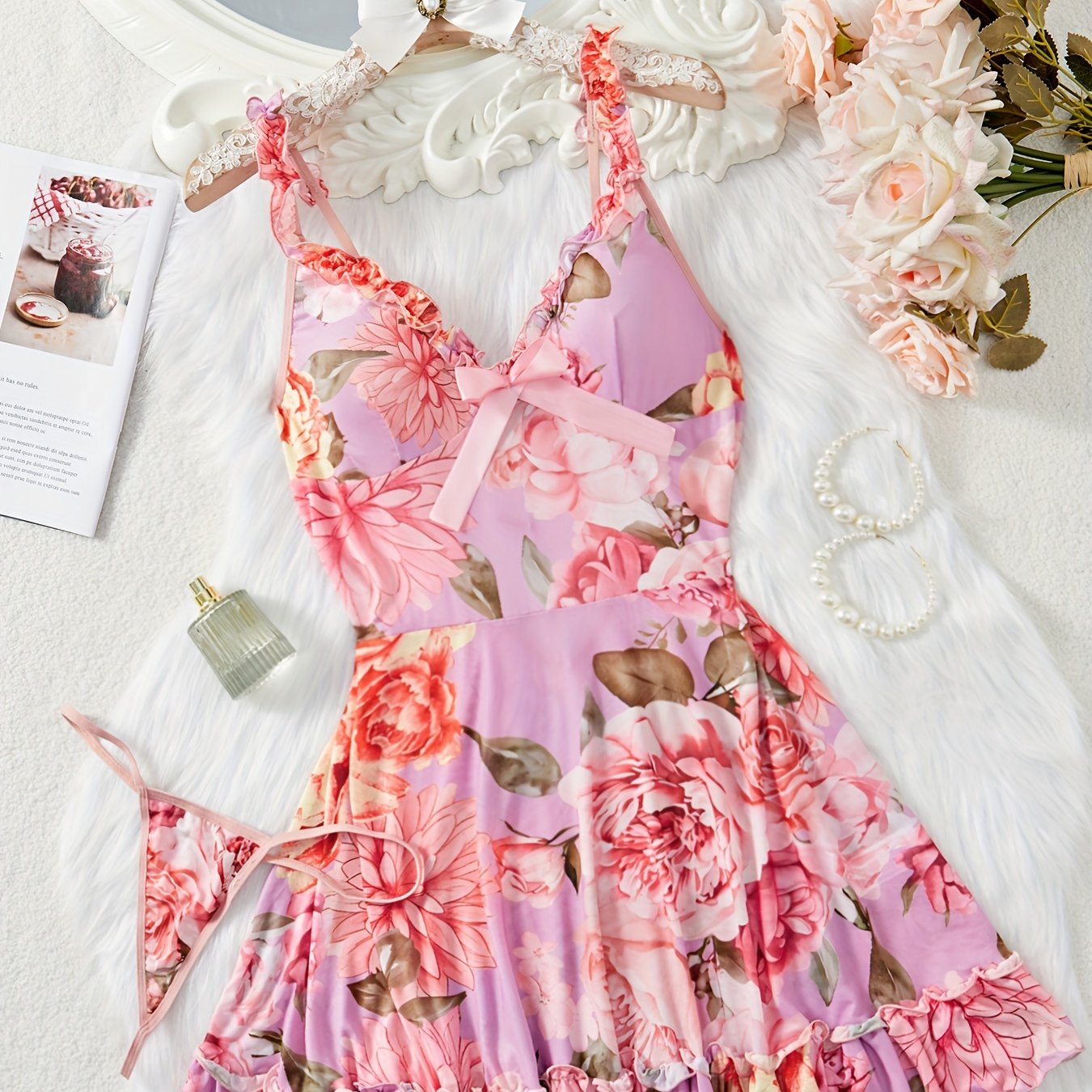 Women's Floral Print Sleepwear Set with Ruffle Hem and Adjustable Straps Includes Nightdress and Thong