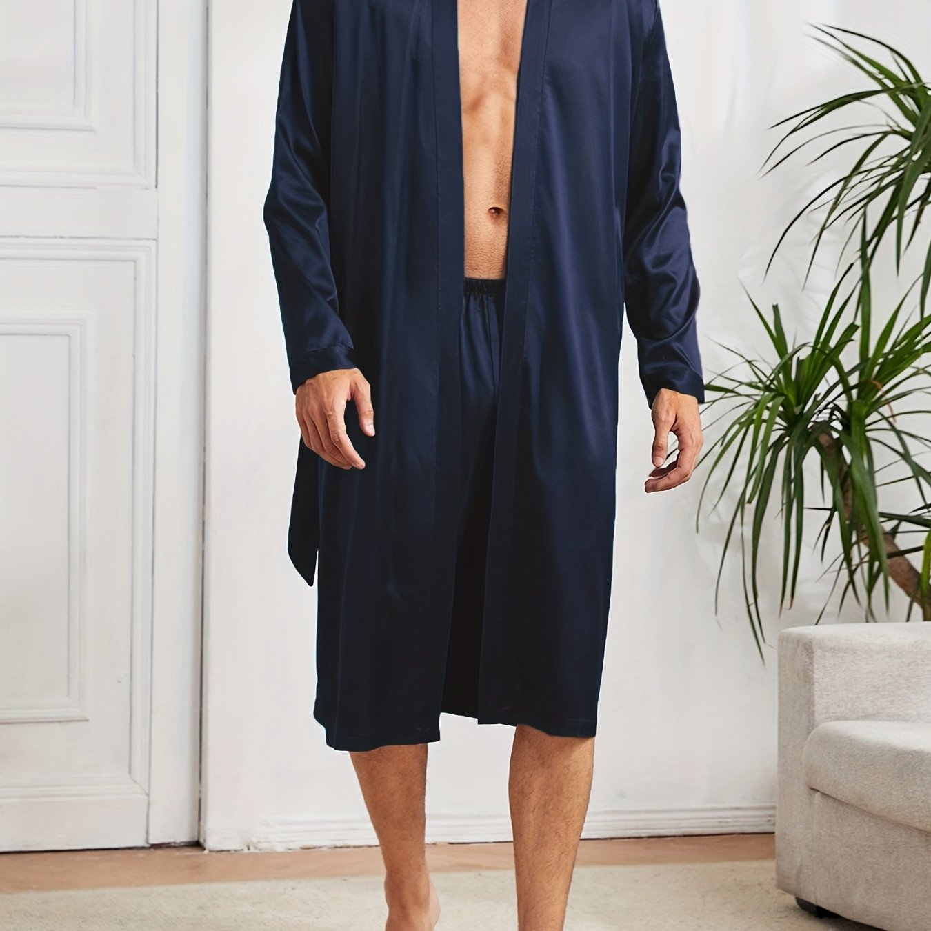 Men's Satin Casual Pajama Sets with Solid Robe and Loose Shorts