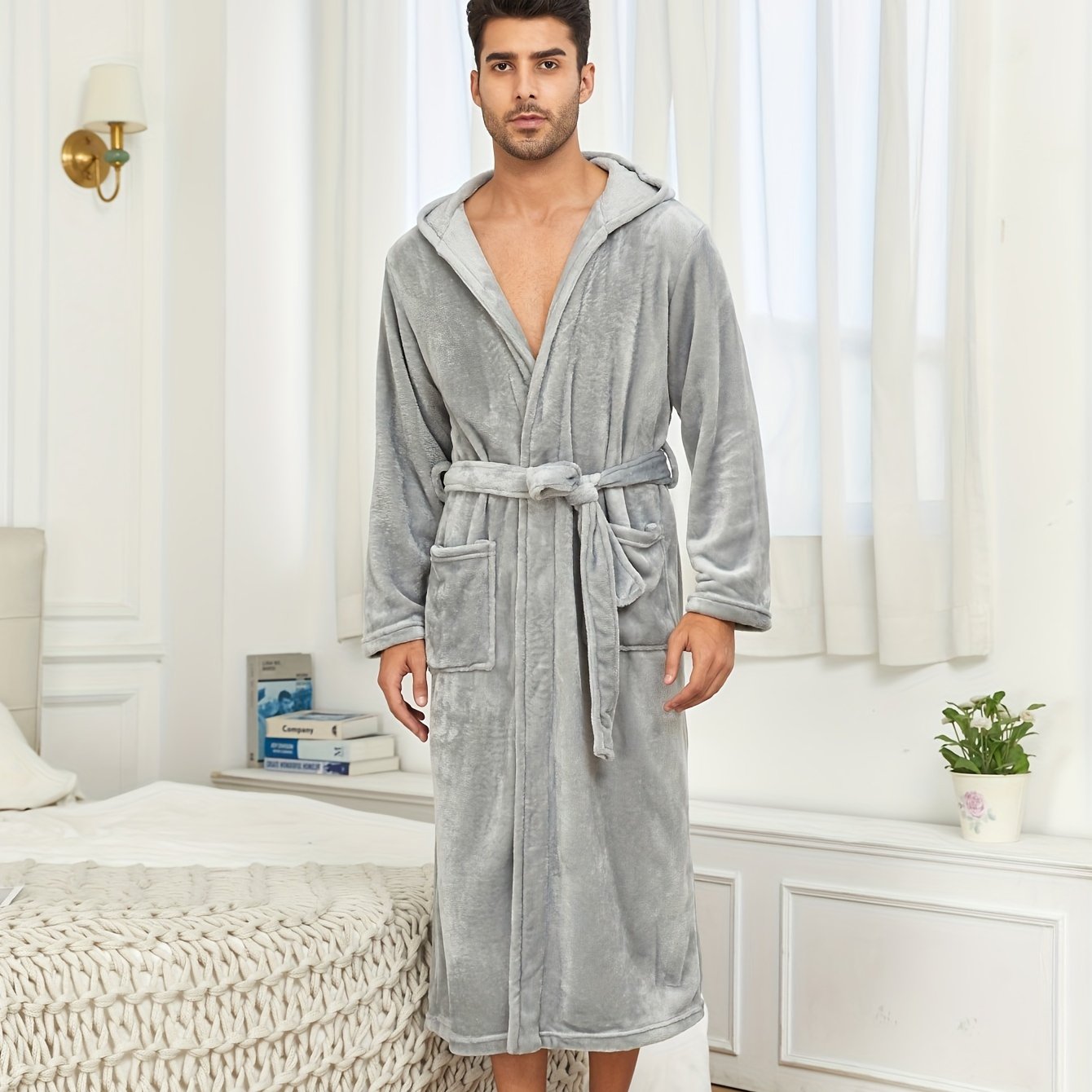 Men's Green Plush Fleece Hooded Bathrobe with Pockets and Tie Belt for Fall Winter