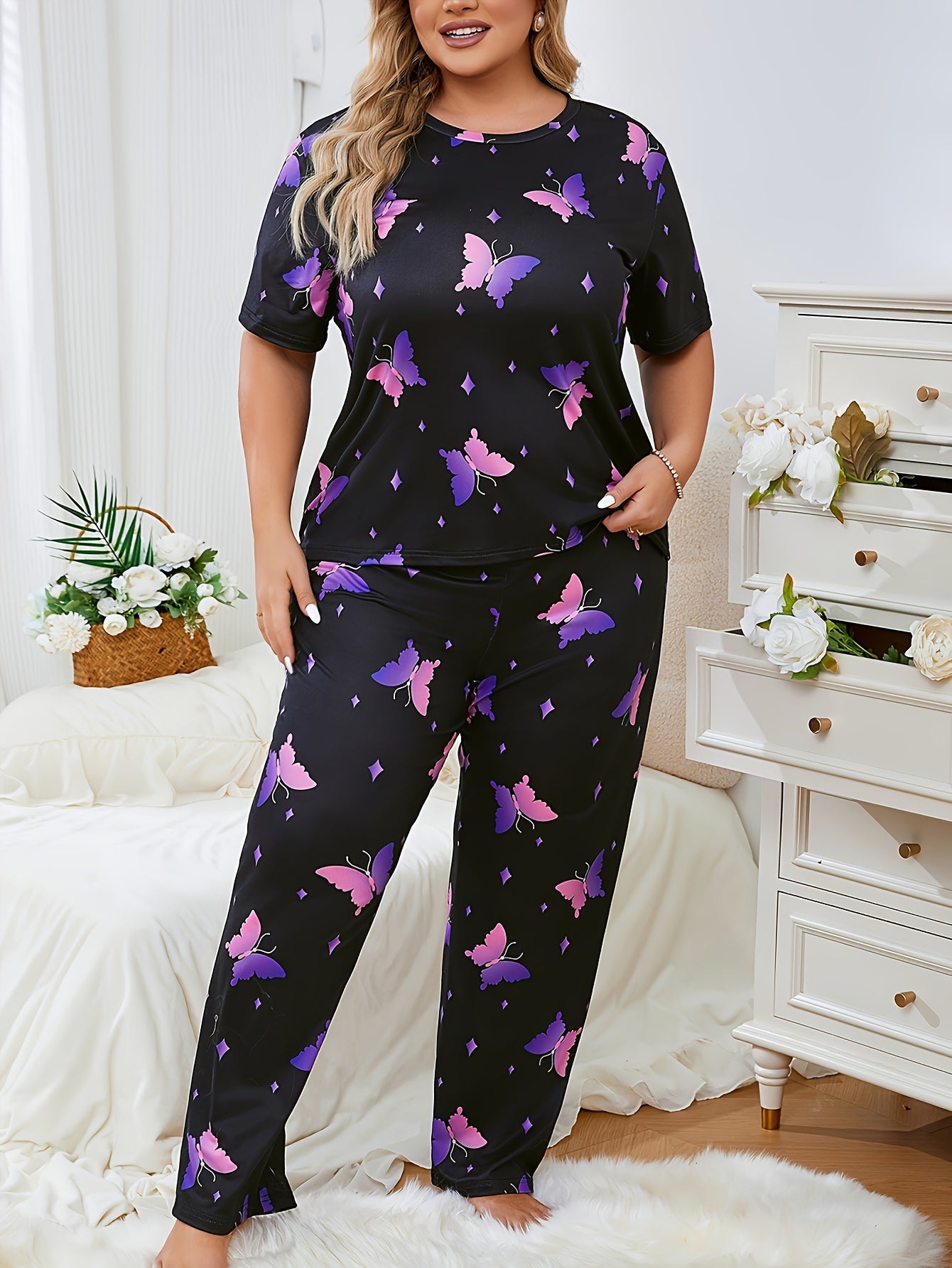 Women's Plus Size Pajama Set Short Sleeve T-Shirt and Pants Butterfly Print