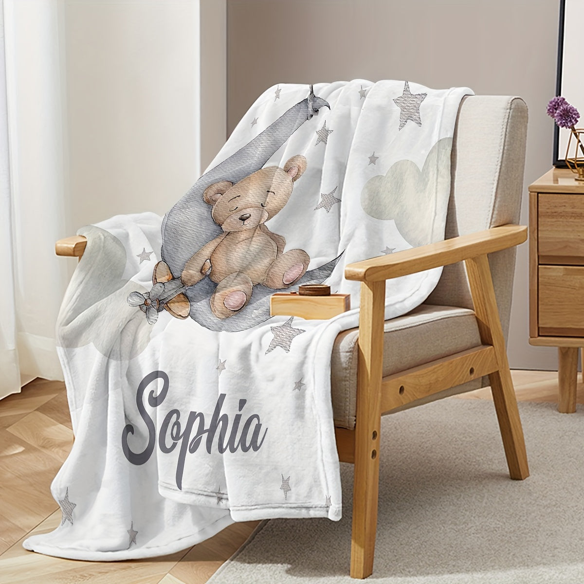 Customizable Teddy Bear Moon Blanket Personalized Name Lightweight Flannel Sofa Bed Travel