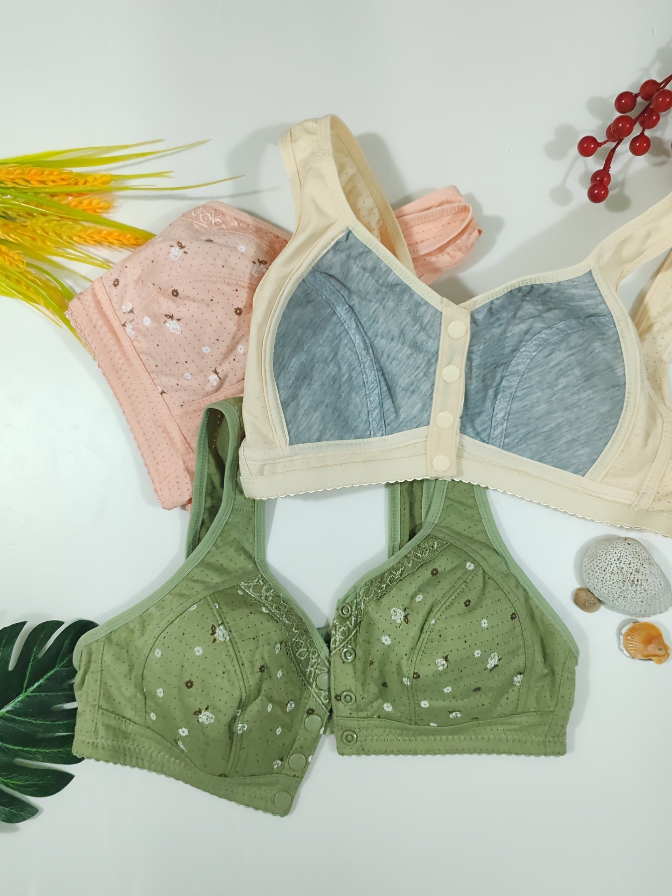 Women's Floral Print Wireless Bra Set with Front Buttons and Adjustable Straps
