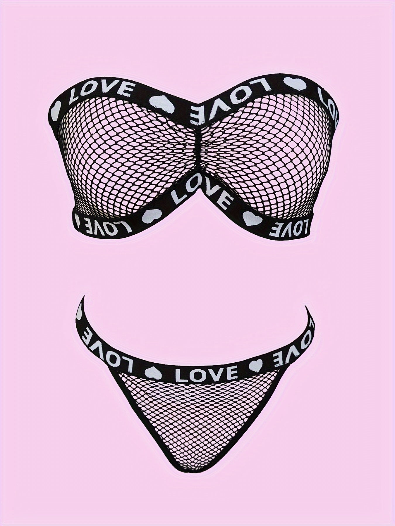 Conjunto de lencería de encaje con detalle de letras, sujetador bandeau y tanga de poliéster elástico y flexible