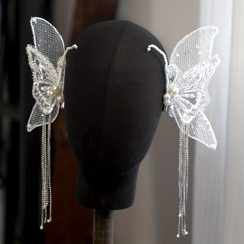 Women's Embroidered Butterfly Wing Hair Clips with Faux Pearl Tassel and Non-Slip Duck-Billed Clamp