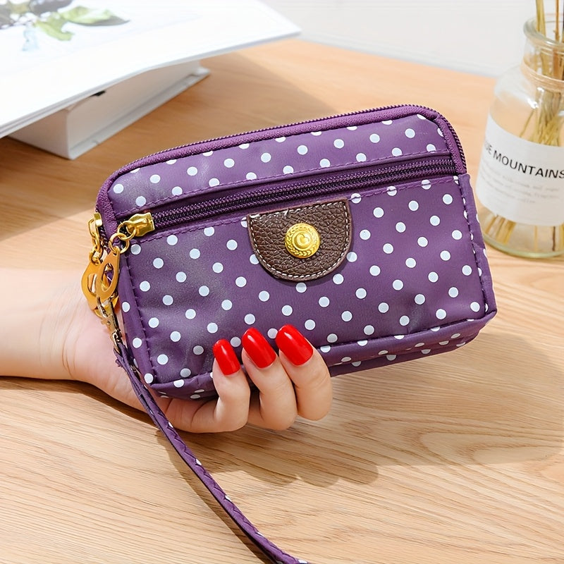 Women's Nylon Clutch Wallet with Polka Dot Pattern, Zipper Pockets, Mixed Colors