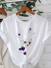 Plus Size Women's White Casual T-Shirt with Butterfly Print and Sparkling Stars