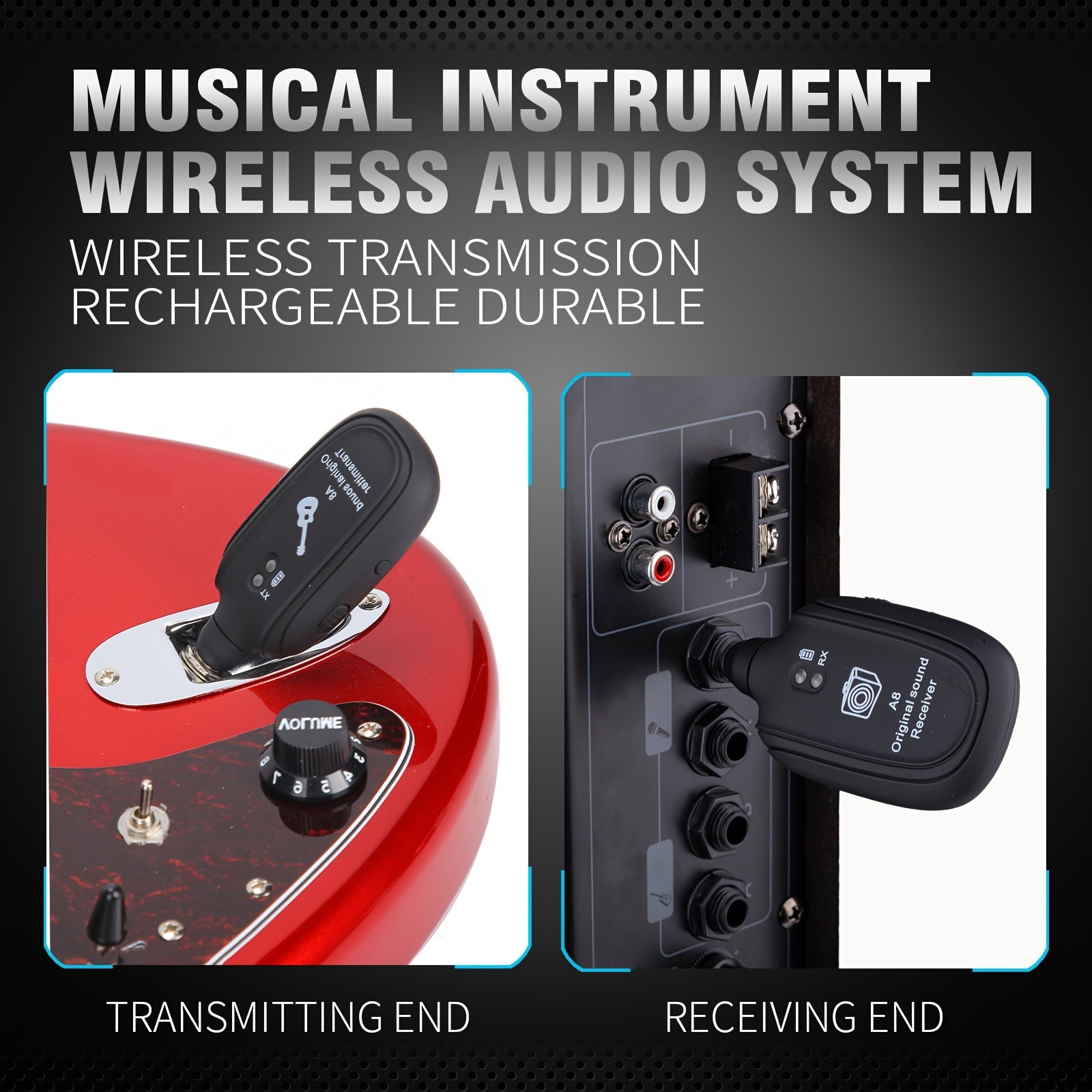 Sistema inalámbrico para guitarra con receptor, transmisor, pastilla, negro, carga USB de 5V
