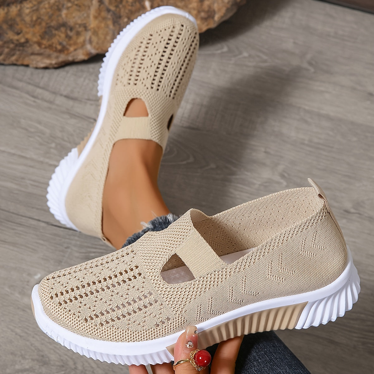 Women's Breathable Slip-On Sneakers Knit Fabric All-Season Walking Shoes