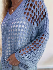 Plus o'lcham ayollar uchun kroşe tığ işi qovg‘a ustki uzun qolli V-shakl bo'yinli yashil