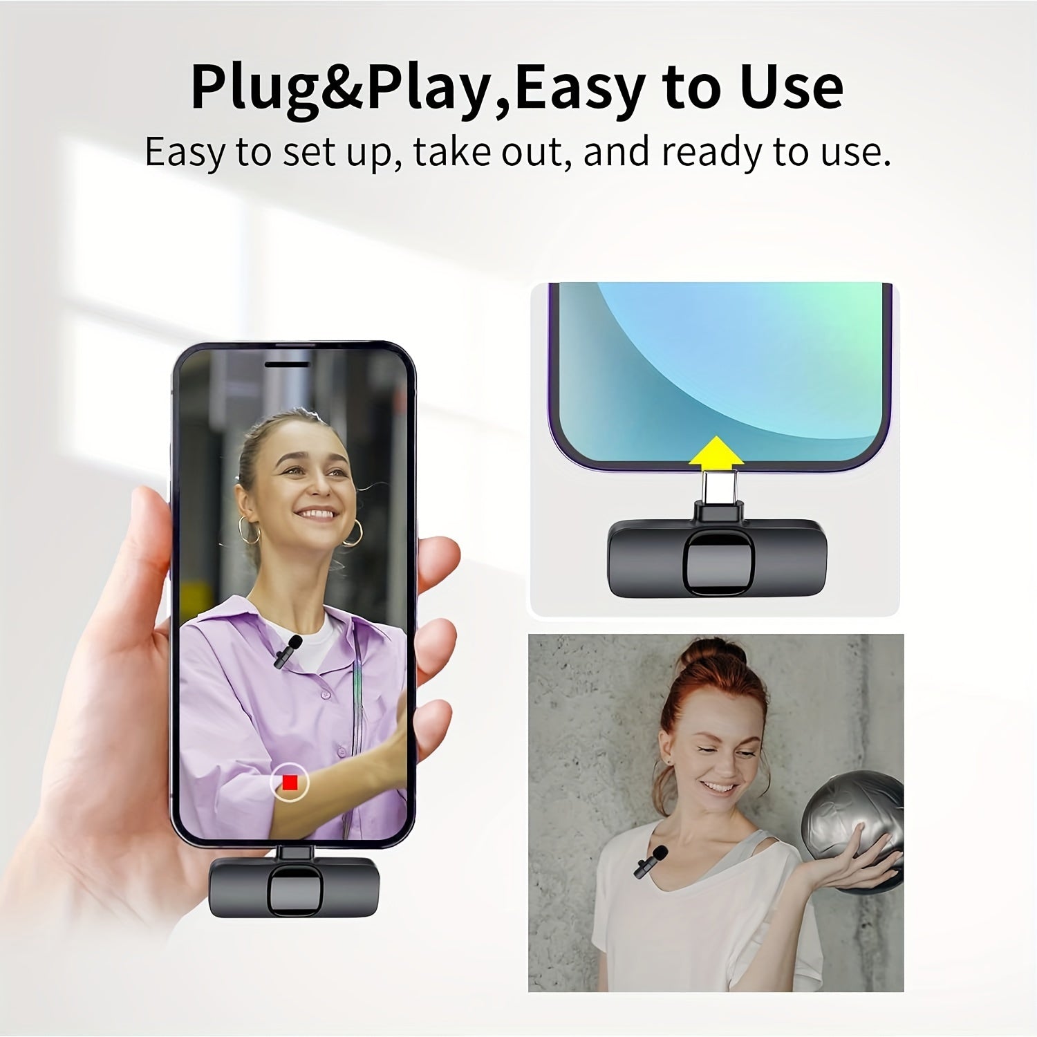 Smartfonlar, noutbuklar, audio va video yozuvlar, intervyular, vloglar uchun simsiz omnidireksional kondensator lavalier mikrofon.