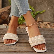 Women's Retro Open Toe Flat Slides Pearl Decoration Summer Lightweight Slippers