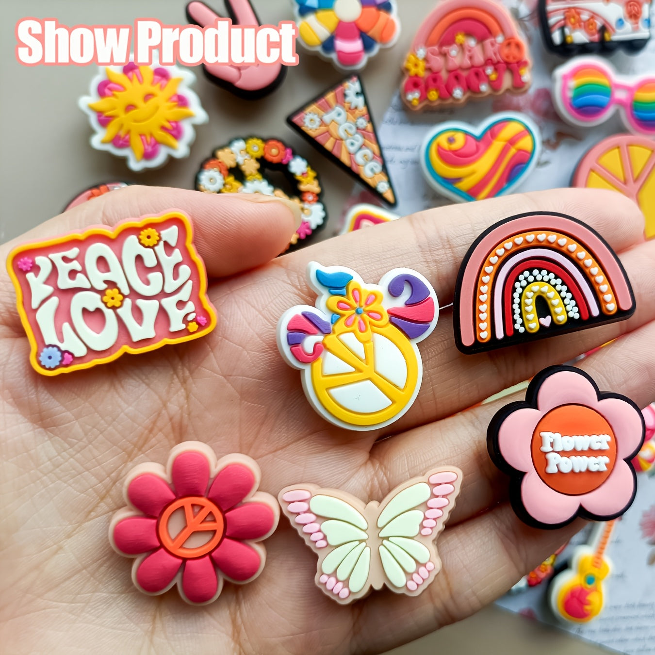26pcs PVC Shoe Charms Set Hippie Peace Love Retro for Shoes and Bags