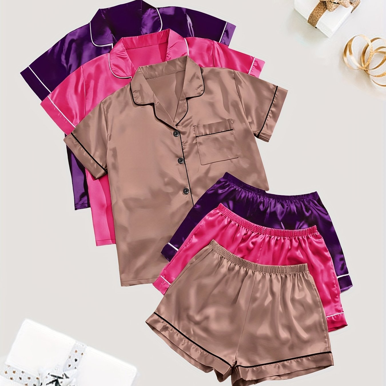 Women's Satin Sleepwear Set Short Sleeve Button Top Elastic Shorts Summer Casual