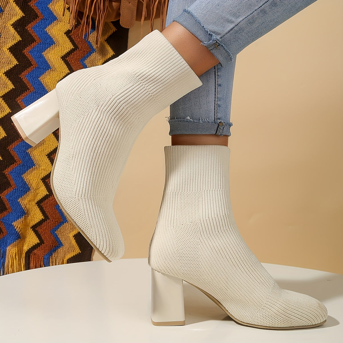 Women's Solid Color Slip On Casual Chunky Heel Mid Calf Boots