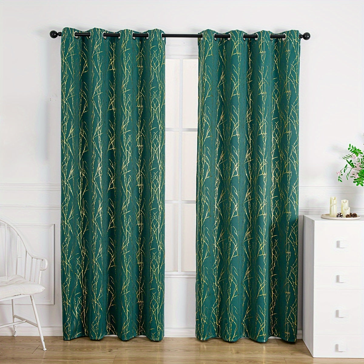 Blackout Curtain with Gold and Silver Tree Branch Pattern for Bedroom Living Room Office