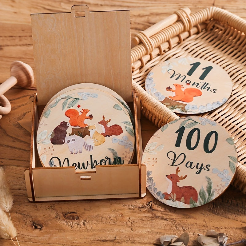 Wooden Baby Milestone Coasters Forest Animals Set for Growth Photos and Memories