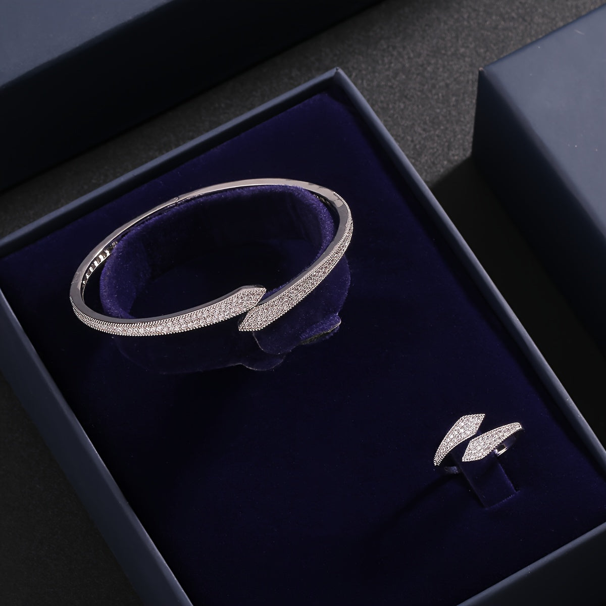 Women Zirconia Open Bangle and Ring Set Modern Fashion Jewelry