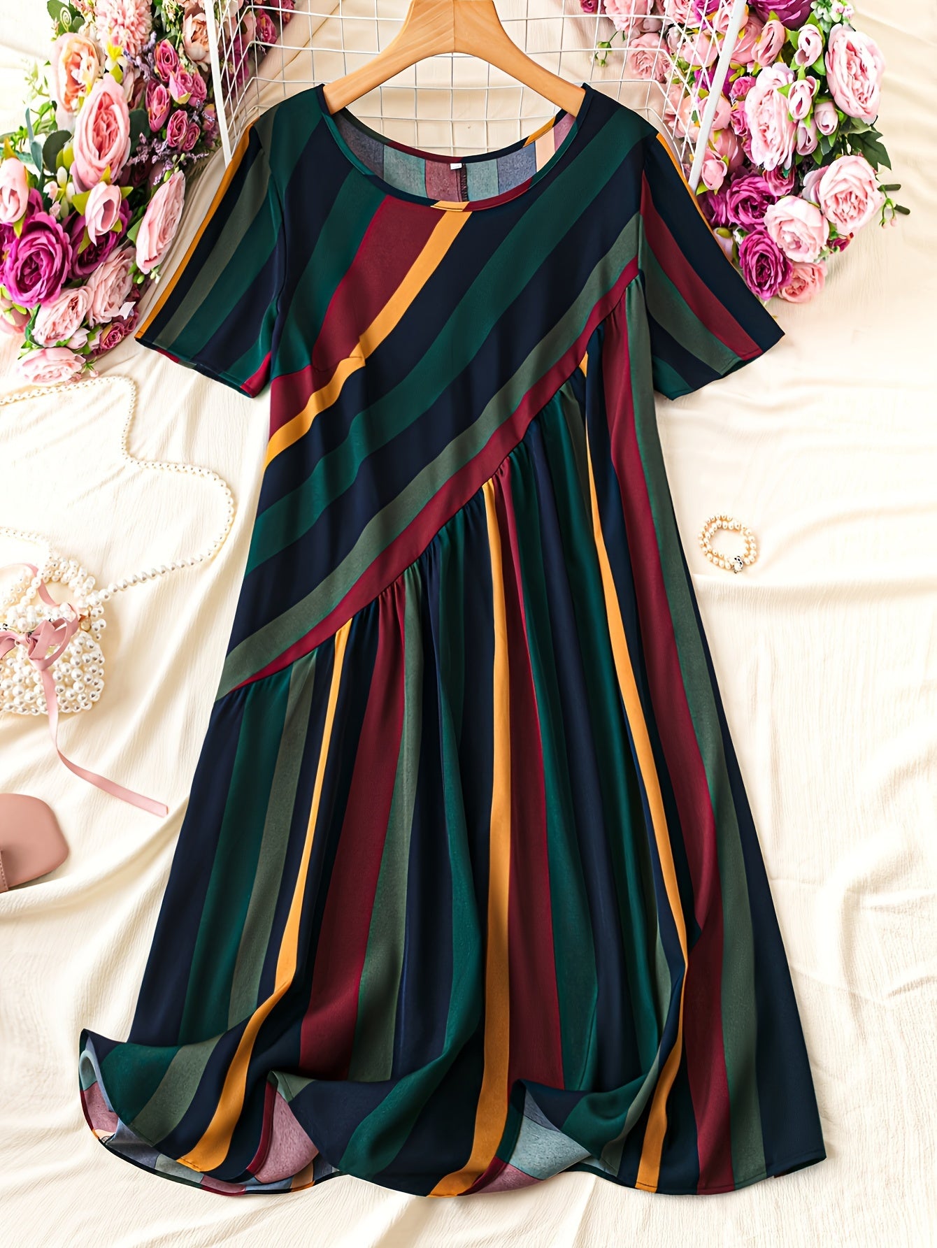 Women's Short Sleeve Striped Dress with Crew Neck for Spring Summer