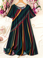 Women's Short Sleeve Striped Dress with Crew Neck for Spring Summer