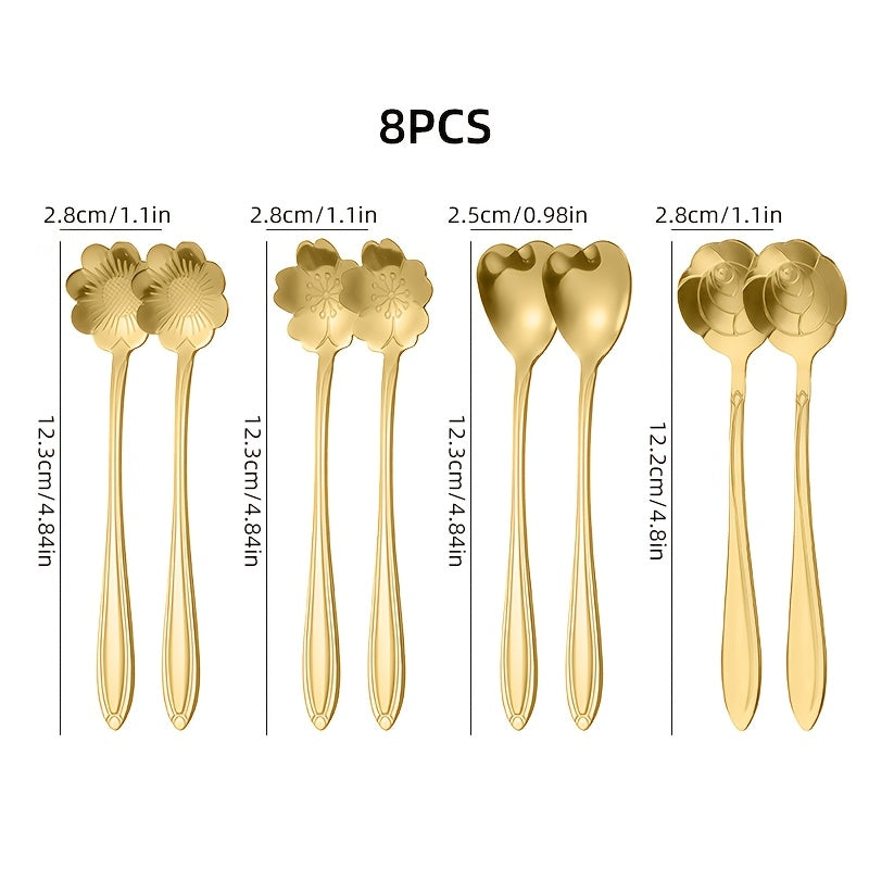 Set of 8 Stainless Steel Coffee Spoons with Flower Pattern for Coffee and Dessert