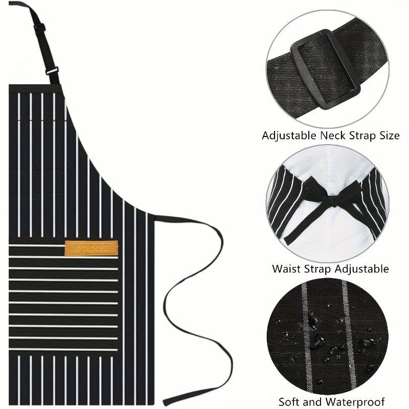 Adjustable Apron Set 2pcs Black and White Striped Kitchen Aprons with Pocket