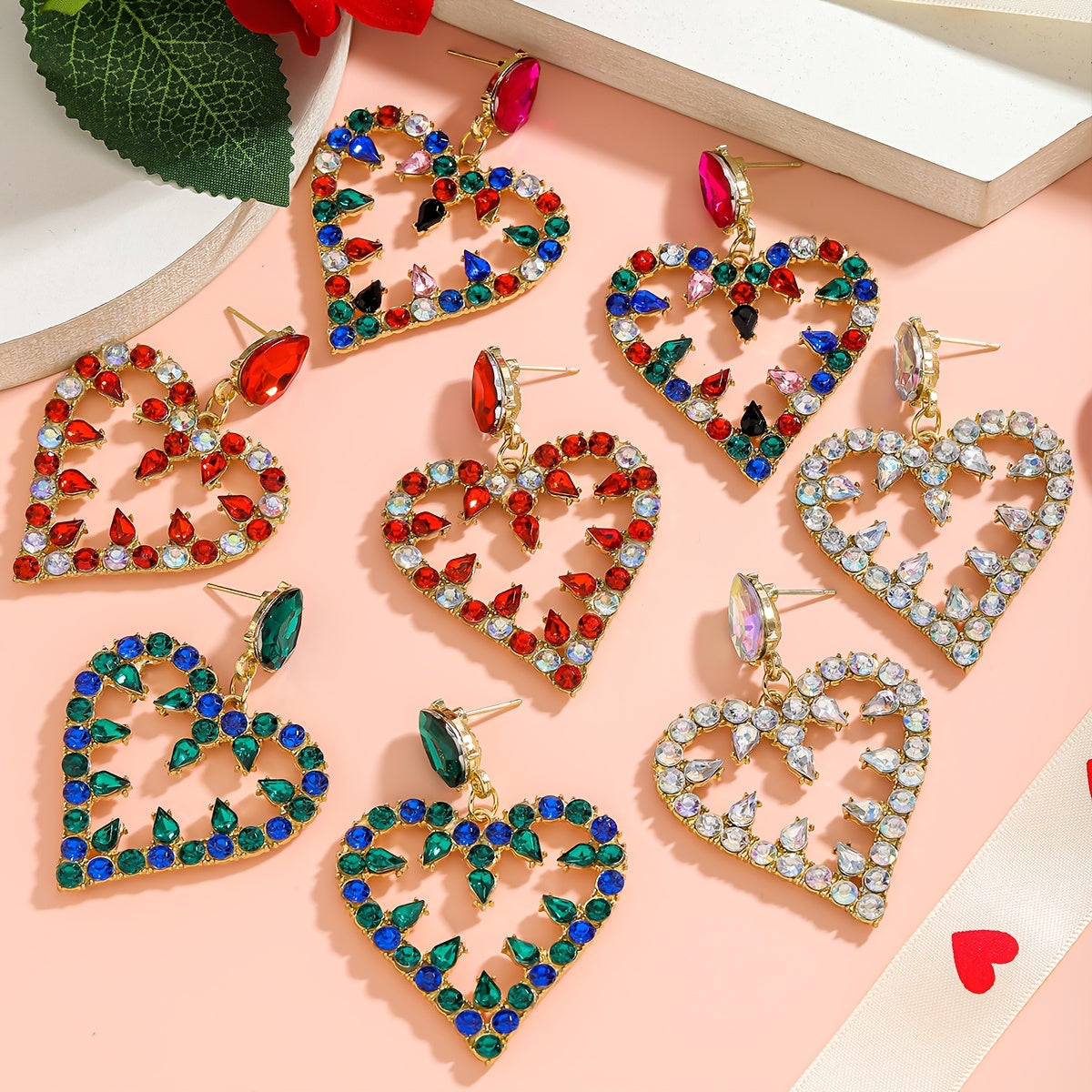 Pink and Red Heart-Shaped Rhinestone Drop Earrings for Valentine's Day Formal Occasion