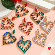 Pink and Red Heart-Shaped Rhinestone Drop Earrings for Valentine's Day Formal Occasion