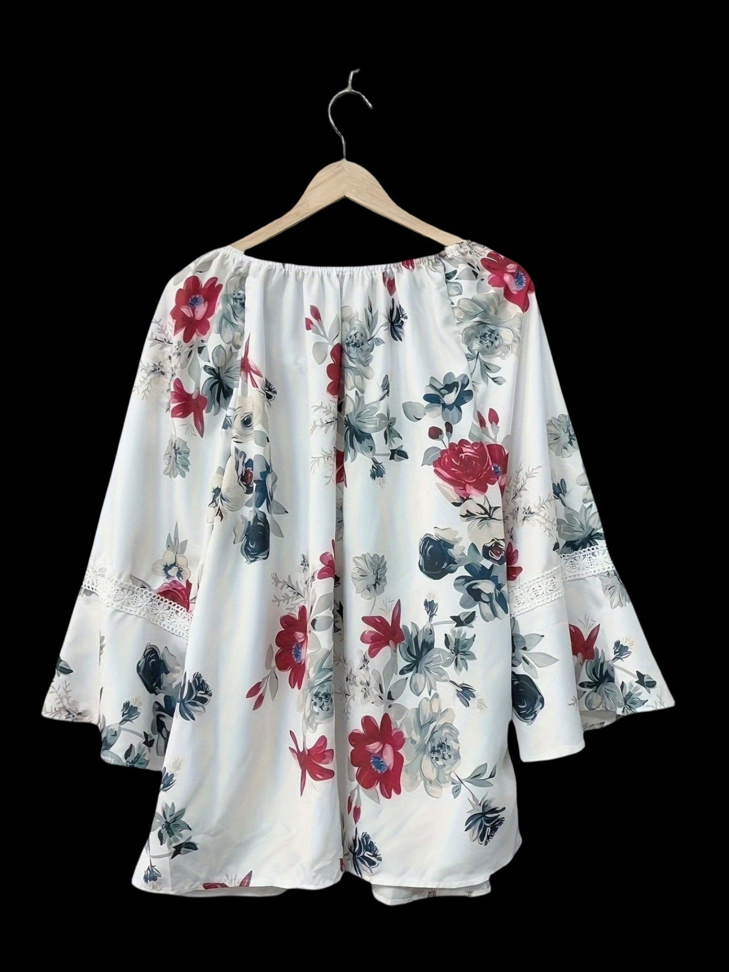 Plus Size Floral Print Blouse Lace Ruffle Neck Casual Top