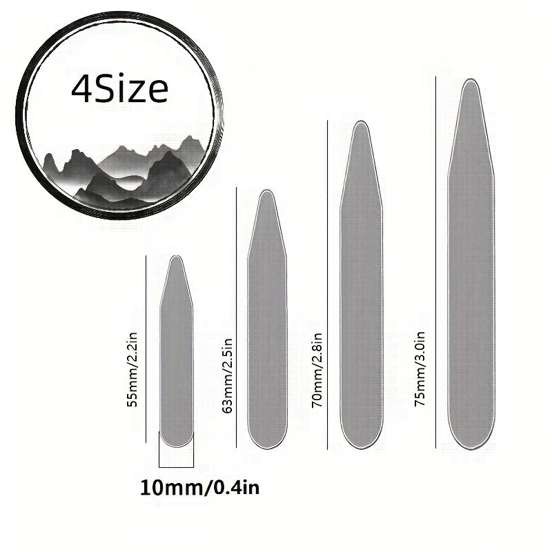 Set of 10 Metal Collar Brackets for Formal Shirts in Silver Finish, Unisex, 4 Sizes