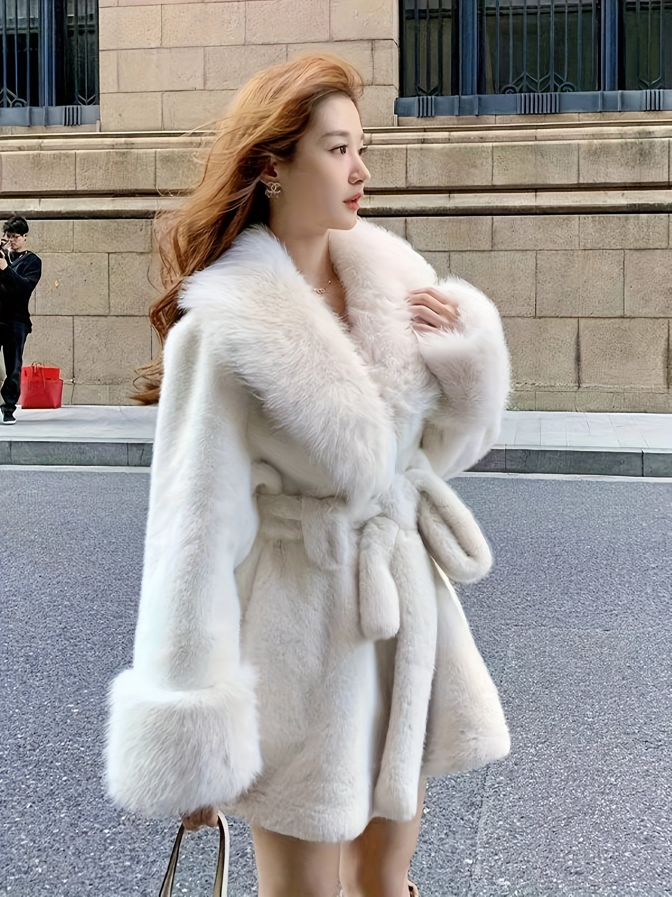 Women's Faux Fur Teddy Coat with Belt Long Sleeve Midi Winter Chic Solid