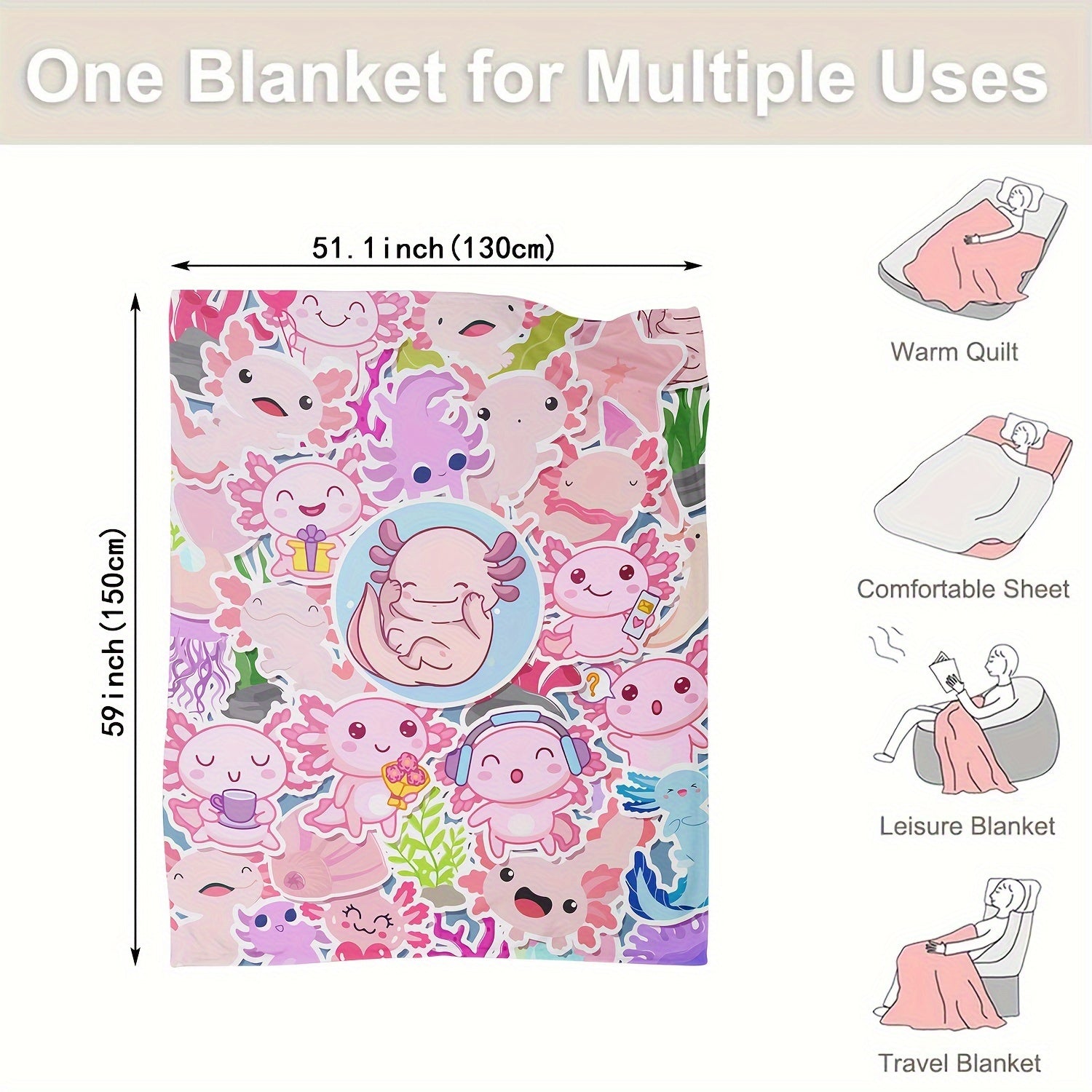 Pink Axolotl Digital Printing Flannel Blanket for All Seasons