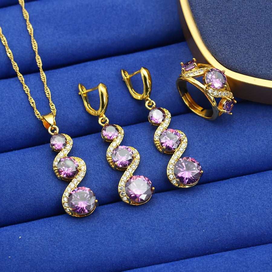 Women's Jewelry Set in Purple Zirconia with Necklace Earrings Bracelet and Ring