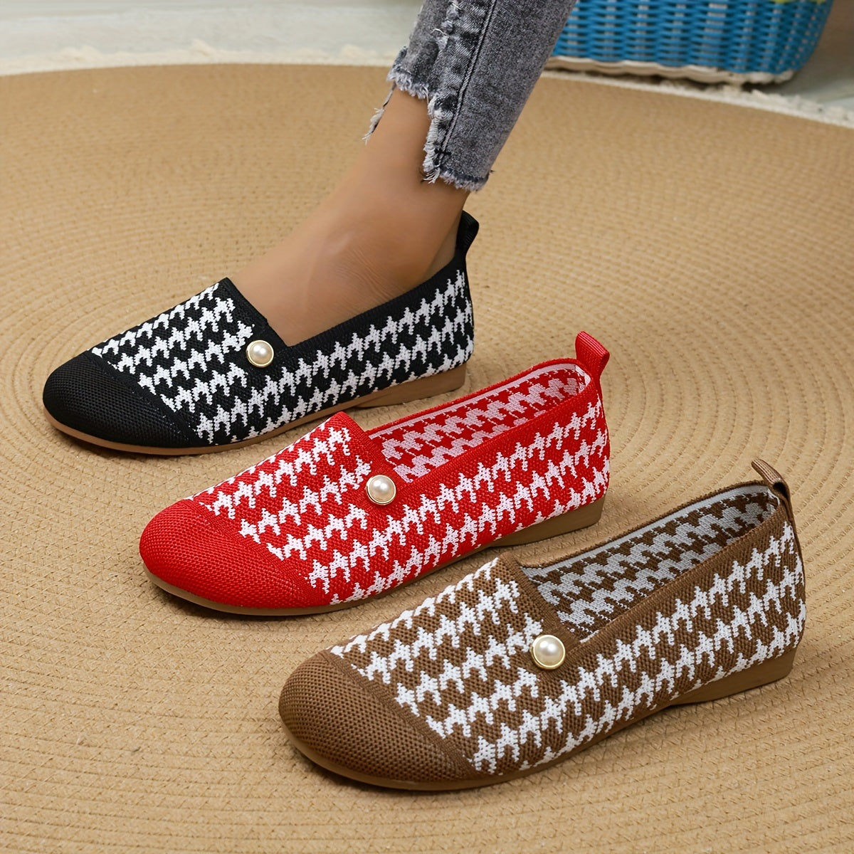 Women's Houndstooth Slip-On Flats Breathable Fabric All-Season Shoes